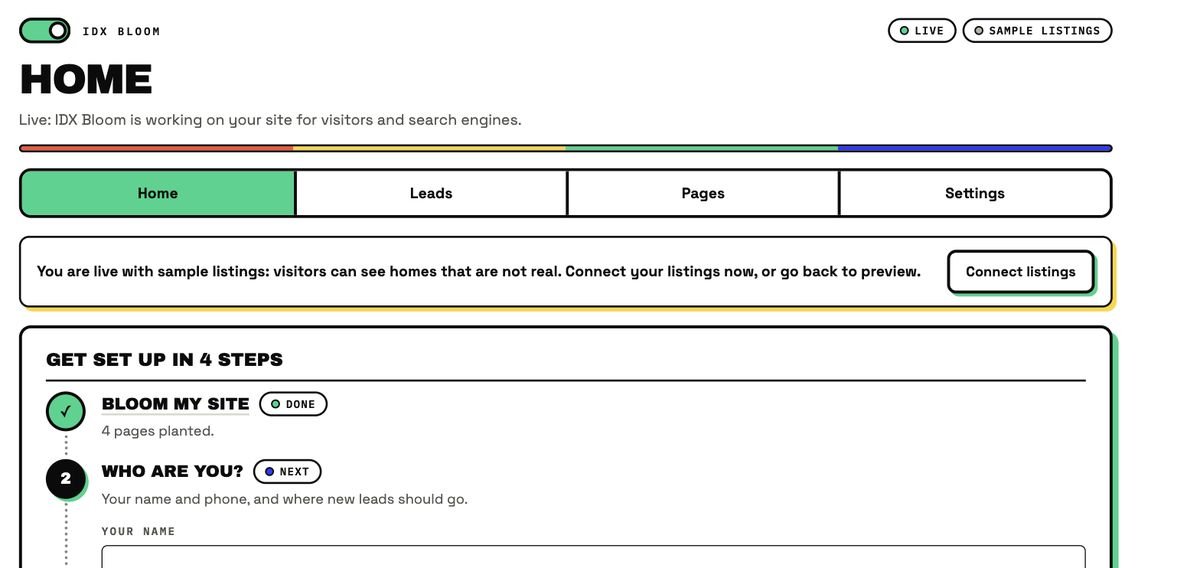 The Home screen of the plugin admin with the four-step setup: Bloom my site (done), Who are you (next), connect your listings and Go live.