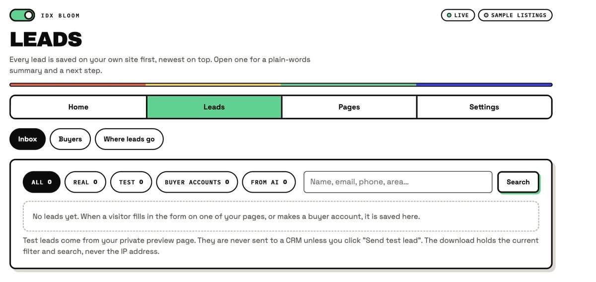 The Leads inbox in the plugin admin