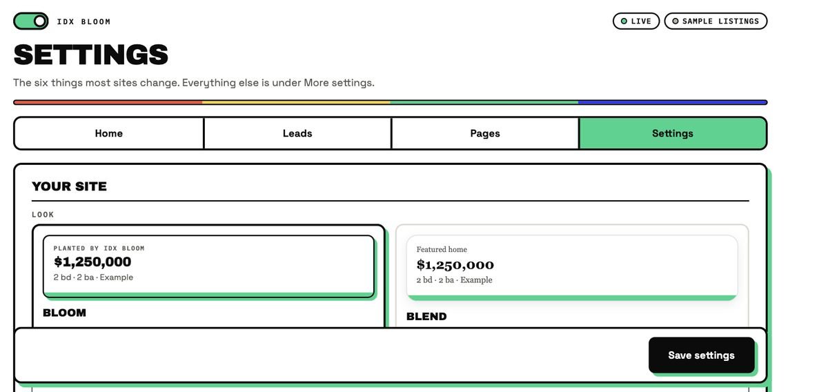 The Settings screen with the Look option: Bloom (a card with a mint shadow) and Blend (a softer card).