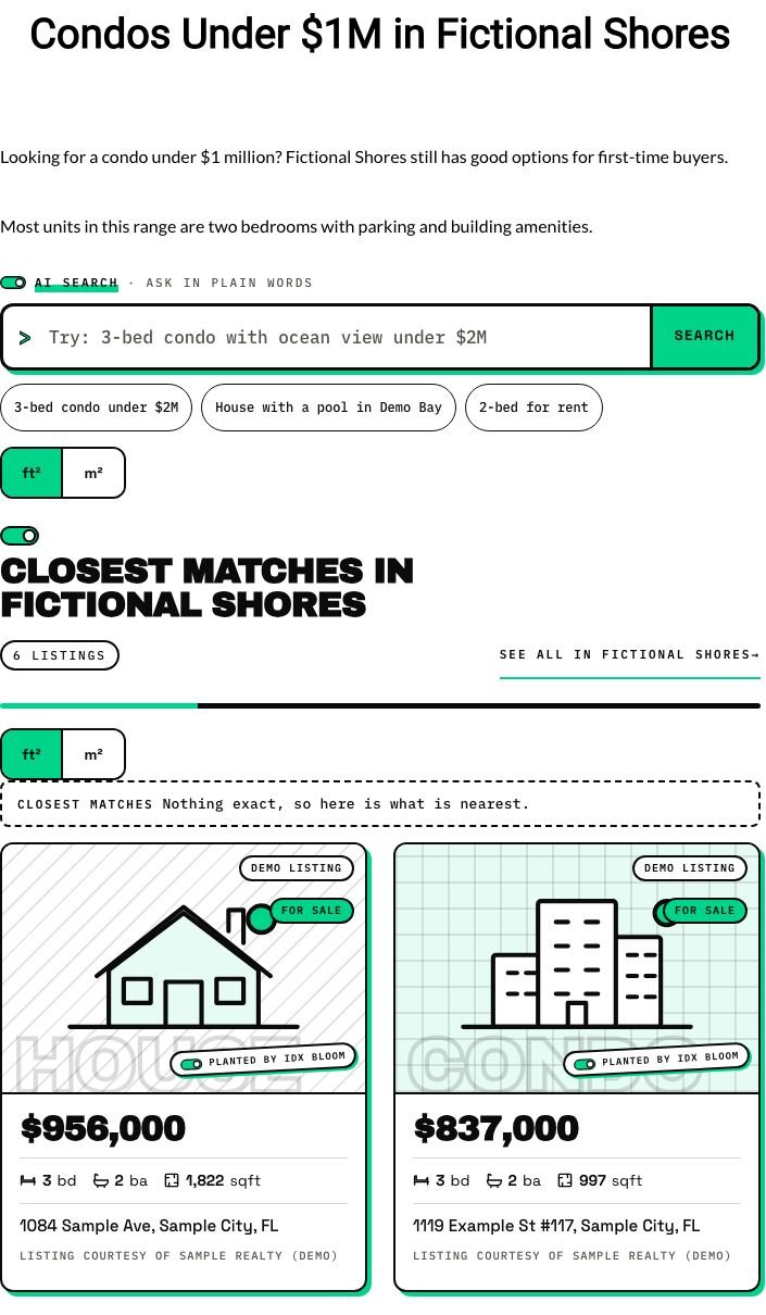 A blog post page on the live demo that says nothing matched exactly and shows the closest matches as listing cards.