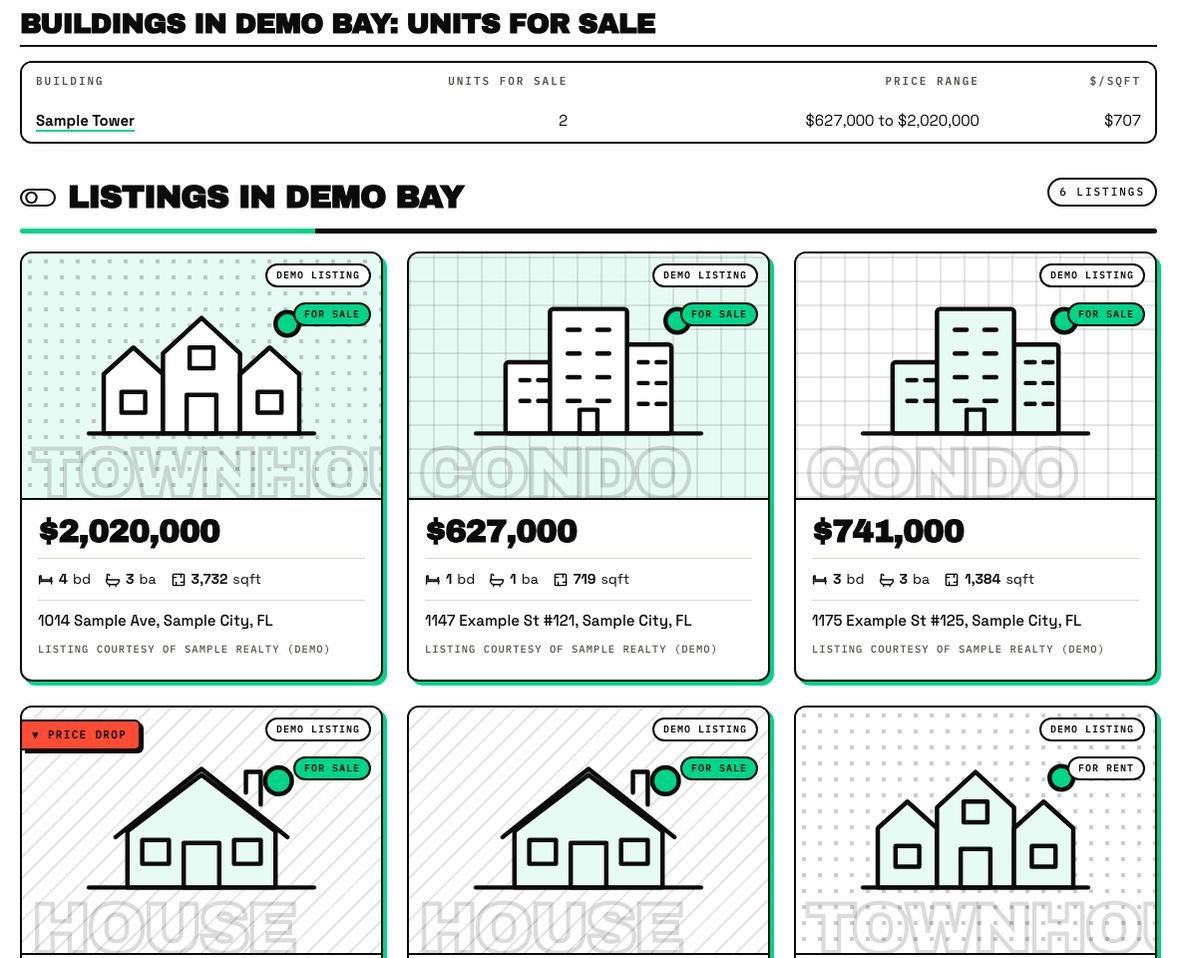 A buildings table and listing cards with brokerage attribution on a grown page in the live demo.