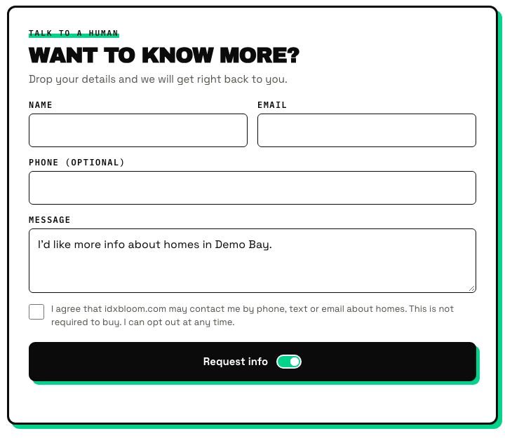 A lead form on a planted page in the live demo, with name, email, phone, a message and a contact-consent checkbox.