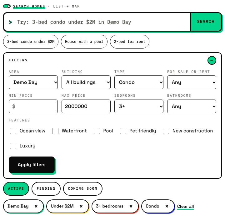 The search page with a plain-words box and chips