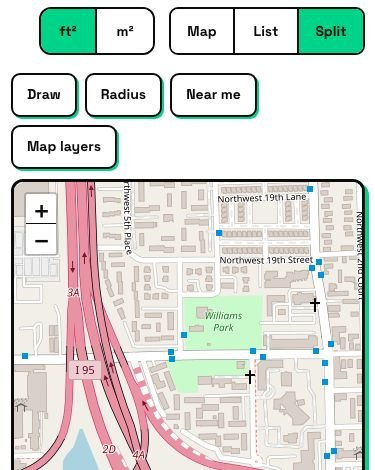 Map, List and Split view buttons with Draw, Radius and Near me tools