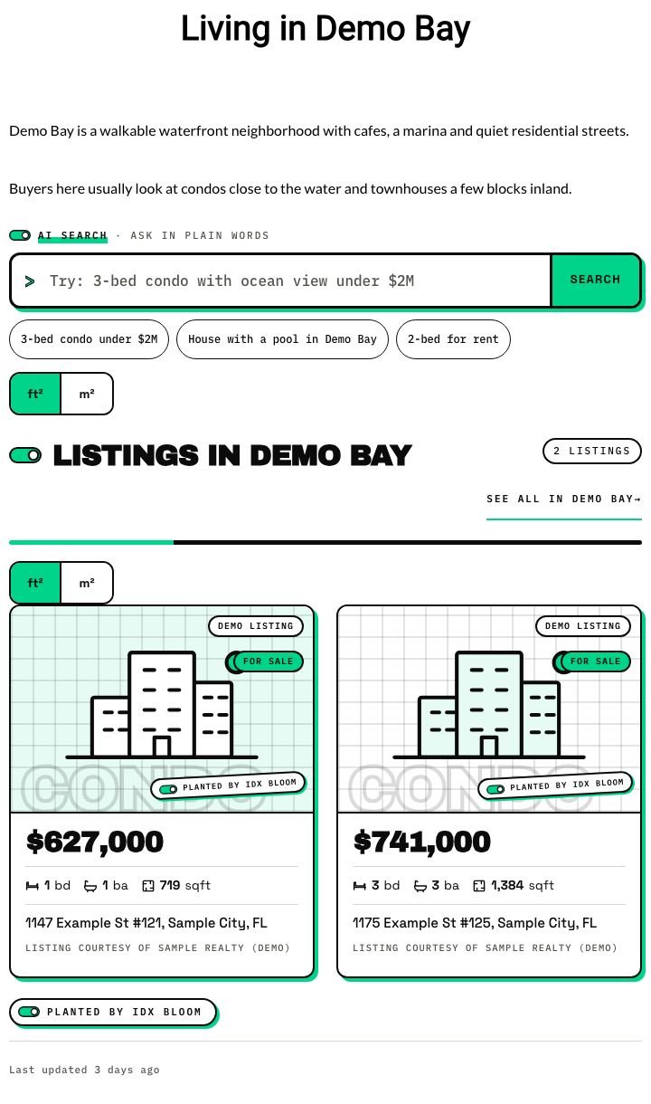A neighborhood guide page with a search box and two planted listing cards in the live demo.