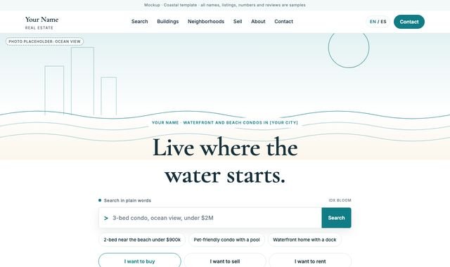 Preview still of the Coastal template with sample content