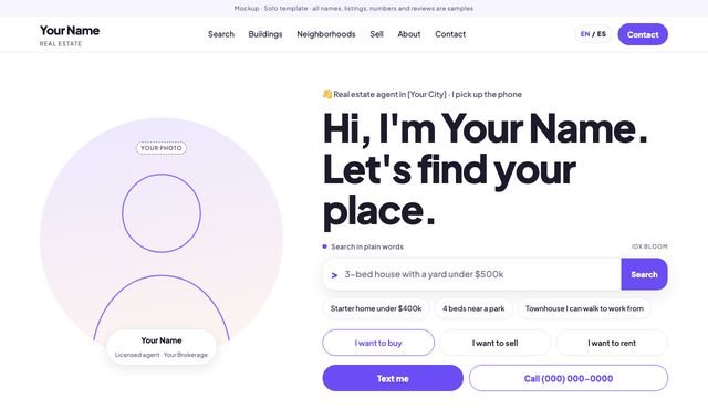 Preview still of the Solo template with sample content