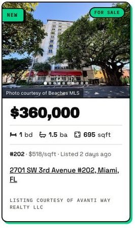 Real listing card on the live demo: new, $360,000, 1 bd, 1.5 ba, 695 sqft, 2701 SW 3rd Avenue #202, Miami, FL. Listing courtesy of Avanti Way Realty LLC.