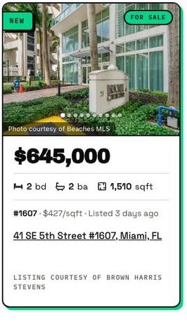 Real listing card on the live demo: new, $645,000, 2 bd, 2 ba, 1,510 sqft, 41 SE 5th Street #1607, Miami, FL. Listing courtesy of Brown Harris Stevens.