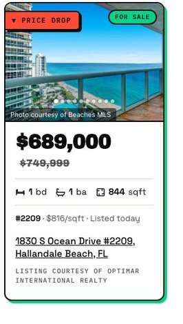 Real listing card on the live demo: a price drop to $689,000, 1 bd, 1 ba, 844 sqft, 1830 S Ocean Drive #2209, Hallandale Beach, FL. Listing courtesy of Optimar International Realty.