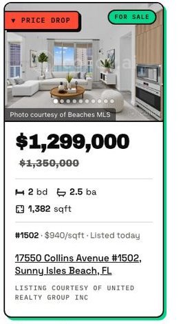 Real listing card on the live demo: a price drop to $1,299,000, 2 bd, 2.5 ba, 1,382 sqft, 17550 Collins Avenue #1502, Sunny Isles Beach, FL. Listing courtesy of United Realty Group Inc..