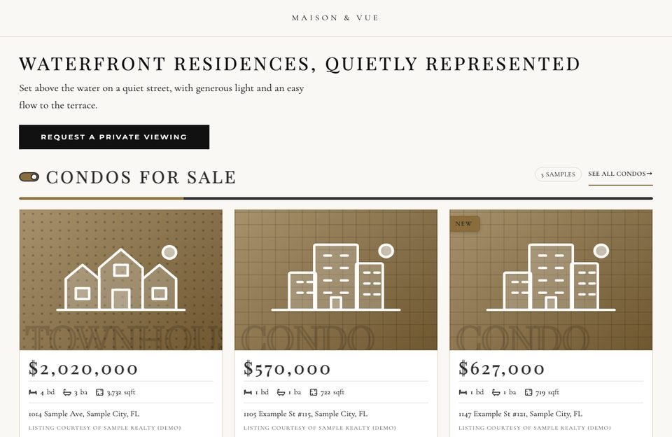 The same block after Match my site on a sharp-cornered serif luxury site: the site's fonts, button shape and color, and photo corners.