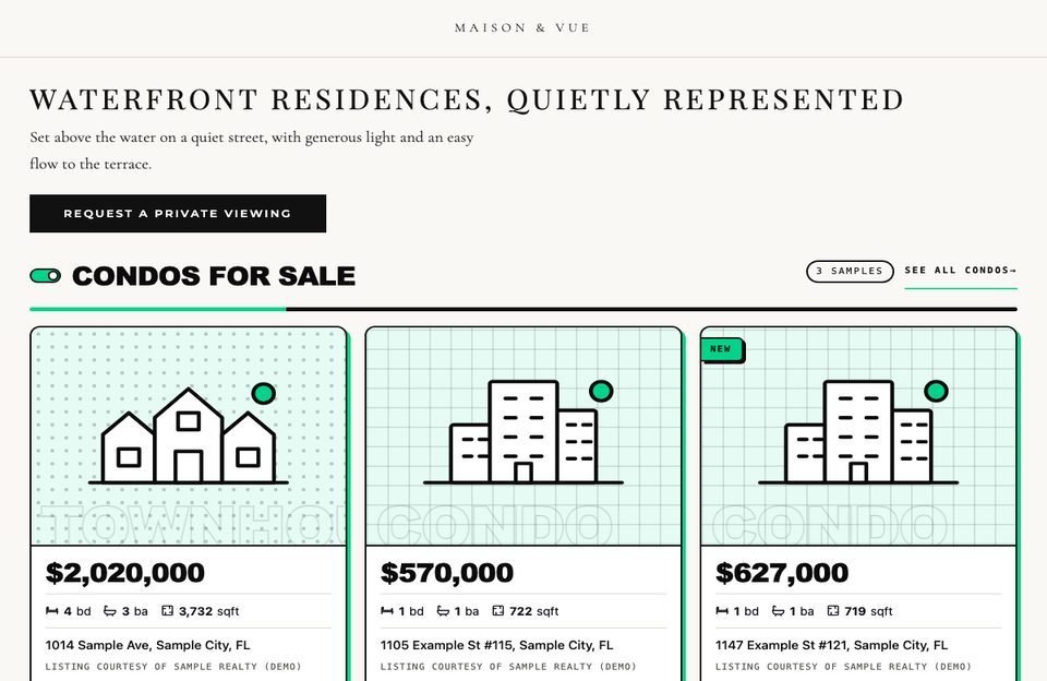 The IDX Bloom default look dropped into a sharp-cornered serif luxury site: black outlined cards, hard mint shadows and heavy capital headings that do not match the page.