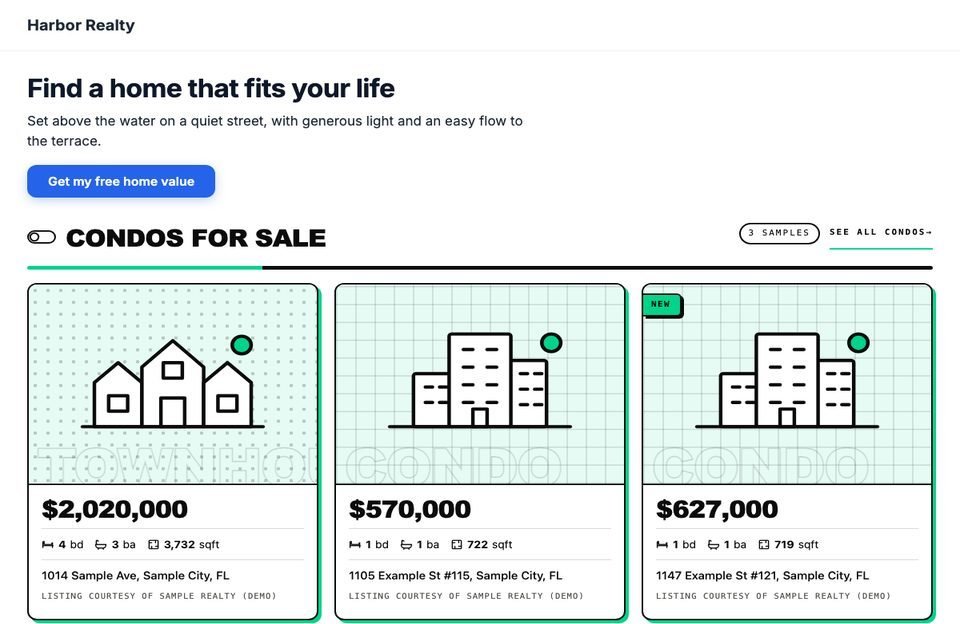 The IDX Bloom default look dropped into a rounded modern sans-serif site: black outlined cards, hard mint shadows and heavy capital headings that do not match the page.
