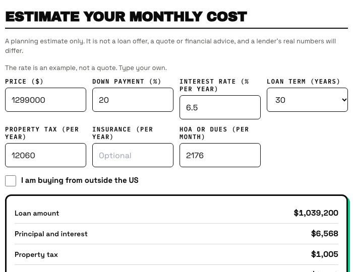 The monthly cost calculator on a real listing page, prefilled with the price, property tax and HOA dues, with a foreign-buyer checkbox.