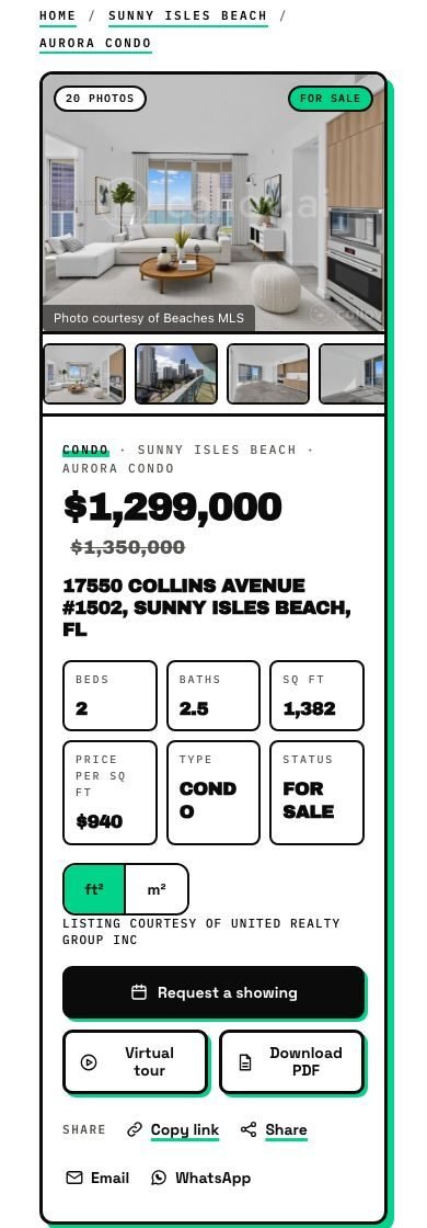 A real listing page on a phone: photo gallery, price, beds, baths, size and Request a showing, Virtual tour and Download PDF buttons.