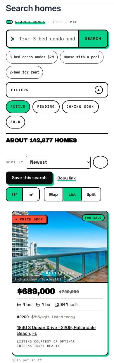 The search page on a phone: plain-words box, Active, Pending, Coming soon and Sold chips, Map, List and Split buttons and a real listing card.