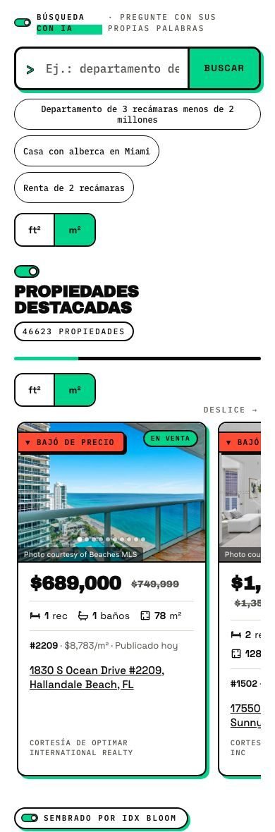 A Spanish guide page on the live demo, on a phone: a Spanish search box with Spanish examples, Propiedades destacadas and a real listing card in Spanish.