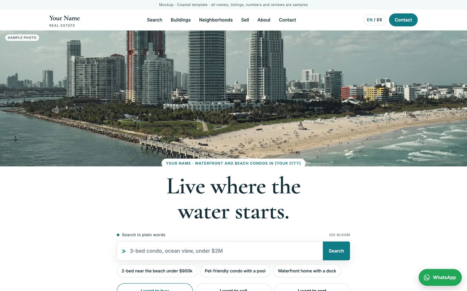 Vista previa del diseño Coastal con contenido de muestra