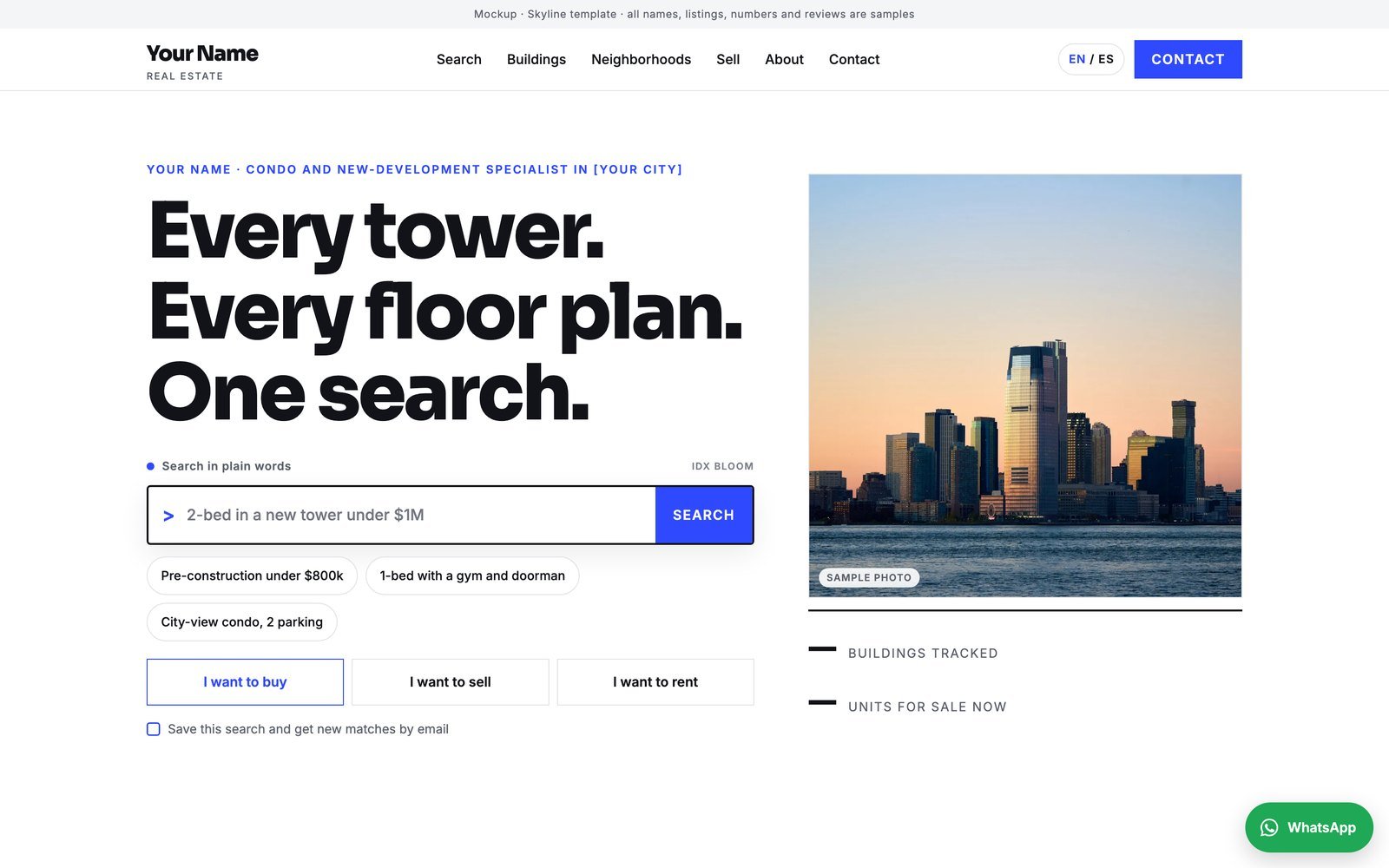 Vista previa del diseño Skyline con contenido de muestra